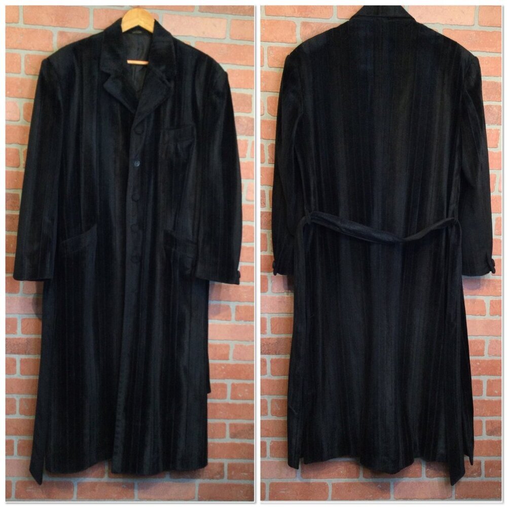 Vintage J Vital Black Velour Mens Long Overcoat 40R 33W Velvet Look Fully Lined